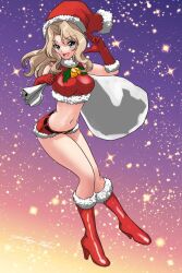 Rule 34 | 1girl, artist name, bell, belt, black belt, blonde hair, blue eyes, boots, christmas, commentary, crop top, dated, floating, fur-trimmed footwear, fur-trimmed gloves, fur-trimmed shirt, fur-trimmed shorts, fur trim, girls und panzer, gloves, gradient sky, hair intakes, hat, holding, holding sack, holly, kay (girls und panzer), knee boots, looking at viewer, matsui yasutsugu, medium hair, micro shorts, midriff, navel, neck bell, open mouth, orange sky, over shoulder, purple sky, red footwear, red gloves, red hat, red shirt, red shorts, sack, salute, santa costume, santa gloves, santa hat, shirt, shorts, signature, sky, sleeveless, sleeveless shirt, smile, solo, star (sky), starry sky, two-finger salute, waving