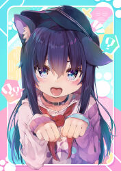 Rule 34 | 1girl, absurdres, akatsuki (kancolle), alternate costume, anchor symbol, animal ears, black choker, black hair, black hat, cat ears, choker, flat cap, hat, highres, kantai collection, long hair, neckerchief, open mouth, paw pose, pink sweater, red neckerchief, solo, sweater, taisho (gumiyuki), teeth, upper body, upper teeth only