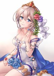 Rule 34 | 1girl, bare shoulders, blue cape, blue eyes, blue flower, blue rose, boots, breasts, brown hair, cape, cleavage, closed mouth, dress, europa (granblue fantasy), flower, granblue fantasy, hair between eyes, hair flower, hair ornament, hand up, highres, long hair, looking at viewer, medium breasts, petals, purple flower, purple rose, red flower, red rose, rose, rose petals, shiao, sitting, smile, solo, strapless, strapless dress, tiara, wariza, white background, white dress, white footwear