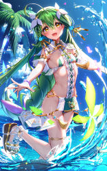Rule 34 | 1girl, :d, armlet, armpits, bikini, bow, bracelet, center frills, cloud, cowboy shot, detached collar, flat chest, flower knight girl, frills, green bikini, green hair, green nails, hair bow, hair ornament, highres, jewelry, leaf lsd, long hair, looking at viewer, micro bikini, mint (flower knight girl), nail polish, open mouth, outdoors, outstretched arms, palm tree, pink bow, sky, smile, solo, spread arms, standing, standing on one leg, summer, swimsuit, tassel, thighlet, toenails, tongue, tree, water, wet, yellow eyes
