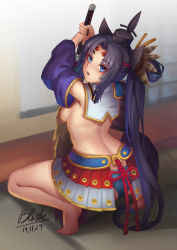 Rule 34 | 1girl, armor, ass, asymmetrical sleeves, backboob, black hair, black hat, blush, breasts, detached sleeves, fate/grand order, fate (series), feather hair ornament, feathers, from behind, graphite (medium), hair ornament, hat, japanese armor, katana, kusazuri, long hair, looking at viewer, looking back, mismatched sleeves, parted bangs, qblade, scabbard, sheath, sheathed, side ponytail, small breasts, solo, squatting, sword, traditional media, ushiwakamaru (fate), very long hair, weapon
