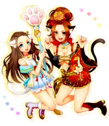 Rule 34 | 2girls, animal ears, bare shoulders, blue eyes, boots, breasts, brown eyes, brown hair, choker, detached sleeves, flower, frills, hair ornament, hayakawa-dono, highres, japanese clothes, kaihime, long hair, multiple girls, open mouth, ponytail, sengoku musou, skirt, tail, underboob, wide sleeves