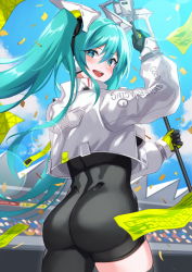 Rule 34 | 1girl, :d, aqua eyes, aqua hair, armor, ass, black bodysuit, black gloves, blue sky, blush, bodysuit, breasts, clothes writing, confetti, cowboy shot, crop top, day, from behind, gloves, green gloves, hair between eyes, hatsune miku, highres, holding, inue ao, lens flare, long hair, long sleeves, looking at viewer, looking back, medium breasts, open mouth, outdoors, racing miku, racing miku (2022), see-through, skin tight, sky, smile, solo, stadium, sunlight, twintails, two-tone gloves, very long hair, vocaloid