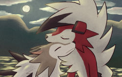 Rule 34 | animal ears, black hair, closed eyes, closed mouth, cloud, cloudy sky, commentary request, creature, creatures (company), dog ears, facing another, full moon, furry, game freak, gen 7 pokemon, happy, lycanroc, lycanroc (midday), lycanroc (midnight), moon, mountain, multicolored hair, night, night sky, nintendo, nuzzle, outdoors, pokemon, pokemon (creature), shiwo (siwosi), sky, two-tone hair, upper body, white hair