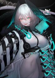 Rule 34 | 1girl, :d, absurdres, aqua eyes, aqua nails, arknights, breasts, coat, commentary request, covered navel, dress, fangs, fingerless gloves, gloves, grey gloves, grey hair, hair between eyes, head wings, highres, hisamichi (hisamichi1373), ho&#039;olheyak (arknights), large breasts, looking at viewer, nail polish, open clothes, open coat, open mouth, short hair, smile, solo, upper body, white coat, white dress, wings