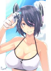 Rule 34 | 10s, 1girl, arm up, bare arms, bare shoulders, bikini, bikini top only, blue sky, bottle, breasts, brown eyes, cleavage, collarbone, day, eyepatch, grin, headgear, holding, holding bottle, kantai collection, kichihachi, large breasts, one eye covered, parted lips, purple hair, shiny skin, short hair, signature, sky, smile, solo, sweat, swept bangs, swimsuit, teeth, tenryuu (kancolle), upper body, water bottle, white bikini