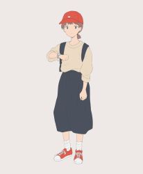 Rule 34 | 1girl, ame (amemgmgmg), backpack, bad id, bad pixiv id, bag, baseball cap, blue skirt, brown hair, closed mouth, full body, grey background, hat, highres, long skirt, long sleeves, looking at viewer, original, ponytail, red eyes, red footwear, shoes, short hair, silver hair, simple background, skirt, sneakers, socks, solo, standing, sweater, watch, white socks, wristwatch