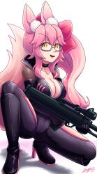 Rule 34 | 1girl, animal ear fluff, animal ears, azzypics, black bodysuit, bodysuit, bow, breasts, center opening, choker, cleavage, elbow gloves, fang, fangs, fate/grand order, fate (series), fox ears, fox girl, fox tail, glasses, gloves, gun, hair between eyes, hair bow, high boots, high heels, highres, hip vent, holding, holding weapon, koyanskaya (fate), large breasts, latex, latex bodysuit, lipstick, long hair, looking at viewer, makeup, pink bow, pink hair, ponytail, rifle, sidelocks, sitting, slit pupils, smile, sniper rifle, solo, squatting, tail, tamamo (fate), thighs, weapon, yellow eyes