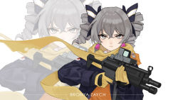 Rule 34 | 1girl, absurdres, bad id, bad pixiv id, blue jacket, bow, bronya zaychik, character name, check commentary, commentary request, crossed bangs, drill hair, earrings, finger on trigger, gloves, grey eyes, grey hair, gun, h&amp;k mp5, hair bow, highres, holding, holding gun, holding weapon, honkai (series), honkai impact 3rd, jacket, jewelry, long hair, long sleeves, looking at viewer, scarf, serious, sidelocks, solo, tutou jiang, twin drills, weapon, yellow gloves, yellow scarf