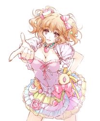 Rule 34 | 10s, 1girl, :d, bow, breasts, brown eyes, brown hair, cleavage, dress, hair ornament, hairclip, hand on own hip, hip focus, idolmaster, idolmaster cinderella girls, jewelry, large breasts, moroboshi kirari, necklace, open mouth, ribbon, smile, solo, star (symbol), star hair ornament, twintails, usuba kagero (initiative)
