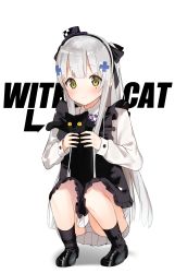 Rule 34 | 1girl, animal, apron, black apron, black bow, black cat, black footwear, black hairband, black headwear, black socks, blouse, blush, bow, cat, closed mouth, commentary request, facial mark, fingernails, full body, girls&#039; frontline, hair bow, hair ornament, hairband, hat, highres, hk416 (black kitty&#039;s gift) (girls&#039; frontline), hk416 (girls&#039; frontline), holding, holding animal, idemitsu, loafers, long hair, long sleeves, mini hat, official alternate costume, panties, pleated skirt, ribbed legwear, shadow, shirt, shoes, silver hair, skirt, smile, socks, solo, squatting, tilted headwear, two side up, underwear, very long hair, white background, white panties, white shirt, white skirt, yellow eyes