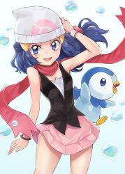 Rule 34 | 1girl, absurdres, beanie, blue eyes, blue hair, creatures (company), dawn (pokemon), dress, game freak, gen 4 pokemon, hair ornament, hat, highres, long hair, looking at viewer, nintendo, open mouth, piplup, pokemon, pokemon (creature), pokemon dppt, scarf, sharumon, skirt, smile