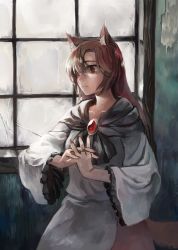 Rule 34 | 1girl, animal ears, broken window, brooch, brown hair, closed mouth, collarbone, cowboy shot, dress, expressionless, from side, highres, imaizumi kagerou, interlocked fingers, jewelry, kukkuru, long sleeves, looking away, nail polish, red eyes, red nails, solo, tail, touhou, wide sleeves, wolf ears, wolf tail