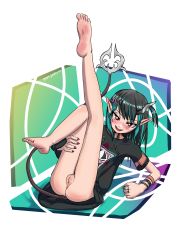Rule 34 | 1girl, absurdres, anus, barefoot, black dress, black hair, blue hair, blush, bright pupils, demon girl, demon horns, demon tail, dress, eye of providence, fang, flat chest, full body, highres, horns, jewelry, looking at viewer, medium hair, multicolored hair, nail polish, nanashi inc., no panties, official alternate costume, open mouth, pointy ears, pussy, pussy juice, red eyes, red nails, rgm jesta, ring, shishio chris, shishio chris (3rd costume), short sleeves, smile, solo, sugar lyric, tail, two-tone hair, uncensored, virtual youtuber, white pupils, wristband