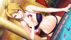 Rule 34 | 1girl, akuma musume no kanban ryouri, benimura karu, black bra, black panties, blonde hair, blue eyes, bra, breasts, card, casino, casino card table, chair, chess piece, cleavage, collarbone, curtains, dutch angle, eyes visible through hair, female focus, frilled bra, frilled panties, frills, game cg, holding, holding card, large breasts, looking at viewer, navel, open mouth, panties, pawn (chess), playing card, ponytail, purple eyes, short hair, solo, standing, strip game, table, underwear, underwear only, window
