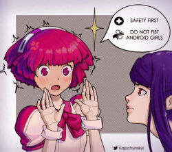 Rule 34 | 2girls, @ @, artist name, blush, commentary, doll joints, dorothy haze, english commentary, english text, jill stingray, joints, kapchynskyi, multiple girls, open mouth, purple hair, red eyes, red hair, short hair, sidelocks, speech bubble, trembling, va-11 hall-a, white footwear, wide-eyed