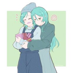 Rule 34 | 2girls, aqua hair, bang dream!, blue overalls, blue shirt, bow, box, box of chocolates, braid, candy, chocolate, chocolate heart, closed eyes, food, gift, gift box, green background, green eyes, green shirt, green skirt, hair bow, hand on another&#039;s arm, heart, hikawa hina, hikawa sayo, holding, holding chocolate, holding food, hug, hug from behind, incest, long hair, medium hair, multiple girls, multiple hair bows, outside border, overalls, shirt, siblings, sisters, skirt, smile, square background, twin braids, twincest, twins, valentine, xin (blueramen), yuri