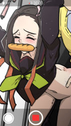 Rule 34 | 1boy, 1girl, ass, bent over, black hair, blush, bottomless, bread slice, closed eyes, clothed sex, doggystyle, fake phone screenshot, fake screenshot, food, food in mouth, highres, kamado nezuko, kimetsu no yaiba, mouth hold, outstretched arms, phone, school uniform, serafuku, sex, sex from behind, toast, toast in mouth