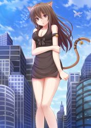 Rule 34 | 1girl, :o, aircraft, airplane, animal, animal ears, bare legs, bell, bird, black dress, blue sky, bow, breasts, brown hair, building, cat ears, cat tail, cleavage, day, dress, giant, giantess, heart, highres, jingle bell, kazenokaze, long hair, looking at viewer, medium breasts, orange eyes, original, sky, skyscraper, sleeveless, solo, tail