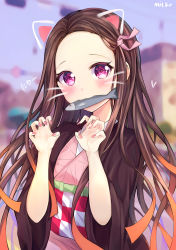 Rule 34 | 1girl, :3, absurdres, animal ears, bad id, bad pixiv id, black haori, blush, brown hair, cat ears, fish, food, food in mouth, hair ribbon, haori, highres, holding, holding food, japanese clothes, kamado nezuko, kimetsu no yaiba, kimono, long hair, long sleeves, looking at viewer, machin4719, mouth hold, multicolored hair, nail polish, open clothes, orange hair, outdoors, parted bangs, pink eyes, pink kimono, pink nails, pink ribbon, ribbon, smile, solo, standing, two-tone hair, upper body, wide sleeves