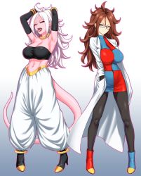 Rule 34 | 2girls, absurdres, android 21, anklet, armpits, bandeau, black sclera, blue eyes, breasts, brown hair, candy, cleavage, colored sclera, colored skin, covered navel, dragon ball, dragon ball fighterz, dual persona, earrings, elbow gloves, food, full body, glasses, gloves, highres, hoop earrings, jewelry, lab coat, light purple hair, looking at viewer, macaron, majin android 21, messy hair, midriff, multiple girls, navel, pantyhose, pink skin, pointy ears, red eyes, st.germain-sal, stomach, tail, tongue, tongue out