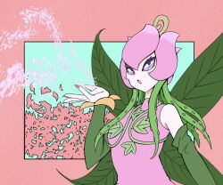 Rule 34 | 1girl, blowing, breasts, cherry blossoms, detached sleeves, digimon, dress, fairy, fairy wings, green hair, green sleeves, heart, heart in eye, lilimon, long hair, mas square, monster girl, nail polish, petals, pink background, pink dress, pink eyes, pink theme, plant hair, sleeveless, sleeveless dress, small breasts, solo, symbol in eye, wings