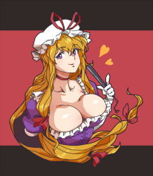 Rule 34 | 1girl, blonde hair, border, bow, breasts, brown border, choker, cleavage, closed mouth, collarbone, dress, elbow gloves, folded fan, folding fan, gap (touhou), gloves, hair between eyes, hair bow, hand fan, hat, hat ribbon, heart, highres, holding, holding fan, large breasts, letterboxed, long hair, looking at viewer, mob cap, outside border, pink lips, pointing, puffy short sleeves, puffy sleeves, purple dress, red background, red bow, red choker, red ribbon, ribbon, romu (doldrums1070), short sleeves, sidelocks, sideways glance, simple background, smile, solo, touhou, upper body, very long hair, white gloves, white hat, yakumo yukari