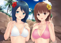 Rule 34 | 2girls, :d, bad id, bad pixiv id, bare arms, bare shoulders, bikini, blue eyes, blue hair, blue sky, breasts, brown eyes, brown hair, cloud, collarbone, day, fingernails, flower, hair between eyes, hair flower, hair ornament, hand on own chest, hands up, head tilt, long hair, looking at viewer, medium breasts, multiple girls, n.g., nail polish, open mouth, original, outdoors, palm tree, pink bikini, pink nails, red flower, sky, small breasts, smile, swimsuit, tree, upper body, v, white bikini, yellow flower