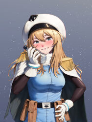 Rule 34 | 1girl, andreanof pepesha, belt, black belt, black sleeves, blonde hair, blue dress, blush, bottle, breasts, cape, dress, ellinyse, fur collar, gloves, hand up, highres, holding, holding bottle, large breasts, long hair, pouch, shy (series), smile, snow, solo, teeth, white cape, white gloves, white headwear