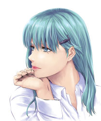 Rule 34 | 1girl, aqua hair, blue eyes, collar, collared shirt, hair ornament, hairclip, hand on own chin, ishii hisao, kantai collection, lips, looking to the side, open collar, shirt, simple background, solo, suzuya (kancolle), upper body, white background, white shirt