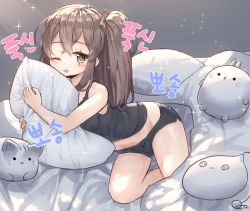 Rule 34 | 1girl, ;o, artist name, bad id, bad pixiv id, bare arms, bed sheet, black camisole, black shorts, blanket, blush, brown eyes, brown hair, camisole, dolphin shorts, girls&#039; frontline, groin, hair ornament, highres, korean text, long hair, looking at viewer, micro shorts, midriff, hugging object, on bed, one eye closed, open mouth, pillow, pillow hug, scar, scar across eye, scar on face, short shorts, shorts, side ponytail, sleeveless, solo, sparkle, stuffed animal, stuffed cat, stuffed toy, tandohark, translation request, ump45 (girls&#039; frontline)