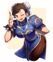 Rule 34 | 1girl, arm behind back, breasts, brown hair, capcom, chun-li, earrings, highres, jewelry, kuroi susumu, large breasts, one eye closed, open mouth, pantyhose, smile, solo, street fighter