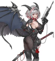 Rule 34 | 1girl, ahoge, armor, ass, black bodysuit, black gloves, black hairband, black wings, bodysuit, boots, bracelet, breasts, elbow gloves, from side, gloves, grey hair, gun, hairband, highres, hiyashiru, holding, holding gun, holding weapon, horns, jewelry, large breasts, looking at viewer, looking to the side, mechanical wings, multicolored hair, original, parted lips, red eyes, red hair, sheath, sheathed, short hair, shoulder armor, sideboob, simple background, solo, spiked bracelet, spikes, streaked hair, sword, thigh boots, trigger discipline, two-tone hair, weapon, white background, wings