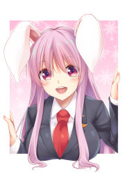 Rule 34 | 1girl, :d, animal ears, bad id, bad pixiv id, black jacket, blazer, blush, border, breasts, commentary request, crescent, crescent pin, floral background, hands up, highres, hisae (hisae collect), jacket, large breasts, long sleeves, necktie, open mouth, outside border, pink background, purple hair, rabbit ears, red eyes, red necktie, reisen udongein inaba, shirt, sidelocks, smile, solo, touhou, upper body, white border, white shirt