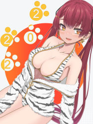 Rule 34 | 1girl, 2022, absurdres, anchor symbol, animal print, bare shoulders, bikini, blush, breasts, cleavage, collarbone, earrings, fumitsunenaro, gold earrings, heterochromia, highres, hololive, houshou marine, jacket, jewelry, large breasts, long hair, looking at viewer, new year, open mouth, partially unzipped, print sweater, red eyes, red hair, sitting, solo, striped clothes, striped sweater, sweater, swimsuit, teeth, tiger print, tiger stripes, twintails, upper teeth only, very long hair, virtual youtuber, white tiger print, yellow eyes, zipper