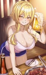 Rule 34 | 1girl, absurdres, alcohol, bare shoulders, beef, beer, beer mug, blonde hair, blush, breasts, camisole, cleavage, contemporary, cup, food, genshin impact, hair between eyes, highres, large breasts, looking at viewer, lumine (genshin impact), meat, mug, o-los, open mouth, overflowing, short hair, short hair with long locks, sidelocks, smile, solo, thighs, yellow eyes