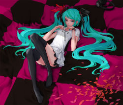 Rule 34 | 1girl, black thighhighs, breasts, feet, full body, green hair, hatsune miku, headphones, long hair, lying, petals, redjuice, small breasts, solo, supercell (band), swept bangs, thighhighs, twintails, very long hair, vocaloid, world is mine (vocaloid), zettai ryouiki