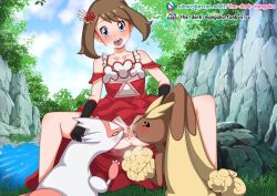 Rule 34 | 3girls, bestiality, black sclera, brown hair, claws, colored sclera, cooperative cunnilingus, creatures (company), cunnilingus, day, dress, eyebrows, fff threesome, game freak, gen 3 pokemon, gen 4 pokemon, group sex, latias, legendary pokemon, lopunny, may (anniversary 2022) (pokemon), may (pokemon), multiple girls, nintendo, oral, outdoors, pink eyes, pokemon, pokemon (creature), pokemon masters ex, pokephilia, pussy, the dark mangaka, threesome, tongue, tongue out, water, yellow eyes, yuri