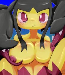 Rule 34 | 1girl, 2017, black hair, blue background, breasts, collarbone, cottontail, creatures (company), dated, female focus, game freak, gen 3 pokemon, gradient background, highres, large breasts, licking, looking at viewer, mawile, mega mawile, mega pokemon, nintendo, nipples, no humans, nude, pokemon, pokemon (creature), pokemon rse, purple eyes, sharp teeth, shiny skin, signature, simple background, solo, teeth, text focus, tongue, tongue out, upper body, watermark