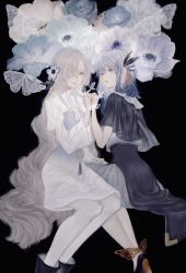 Rule 34 | 2girls, black background, black dress, black footwear, bug, butterfly, butterfly on hand, character request, dress, flower, grey eyes, grey hair, hair flower, hair ornament, hair over one eye, highres, holding hands, insect, isekai joucho, kamitsubaki studio, long hair, looking at another, multiple girls, pantyhose, shirone (coxo ii), sitting, very long hair, virtual youtuber, white butterfly, white dress, white pantyhose