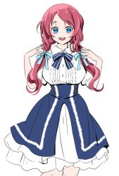 Rule 34 | 1girl, blue eyes, blue ribbon, blue skirt, collared shirt, da huang, hair over shoulder, hair ribbon, hands in hair, high-waist skirt, long hair, looking at viewer, low twintails, minamoto sakura, neck ribbon, open mouth, petticoat, pink hair, ribbon, shirt, short sleeves, simple background, skirt, smile, solo, standing, swept bangs, twintails, white background, white shirt, zombie land saga