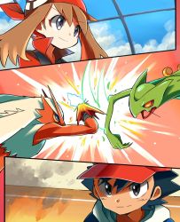 Rule 34 | 1boy, 1girl, ash ketchum, attack, bandana, battle, blaziken, brown hair, closed mouth, cloud, commentary request, creatures (company), day, eyelashes, game freak, gen 3 pokemon, grey eyes, hair between eyes, highres, hyou (hyouga617), leaf blade (pokemon), may (pokemon), nintendo, pokemon, pokemon (anime), pokemon (creature), pokemon move, pokemon rse (anime), red bandana, sceptile, sky, smile