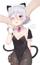 Rule 34 | 1girl, 1other, absurdres, animal ears, arapi, black leotard, breasts, cat ears, cat tail, commentary request, cowboy shot, detached collar, detached sleeves, hand on another&#039;s head, hands on another&#039;s face, heart, highres, kittysuit, kokkoro (princess connect!), leotard, maid headdress, necktie, nontraditional playboy bunny, pantyhose, pink eyes, pink neckwear, pointy ears, princess connect!, puffy short sleeves, puffy sleeves, short hair, short sleeves, silver hair, simple background, small breasts, spoken heart, strapless, strapless leotard, tail, white background, wrist cuffs