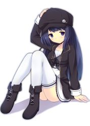 Rule 34 | 1girl, black hair, blue eyes, blush, boots, breasts, dress, frown, hat, highres, jacket, kuroi (night sky), long hair, original, ribbon, simple background, sitting, snow (gi66gotyo), solo, the star of promise in this night sky, thighhighs, very long hair, white background, white thighhighs