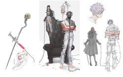 Rule 34 | 1boy, 1girl, barefoot, belt, bgy, black hair, blood, blood stain, cane, chain, chair, doctor, dripping, floating, gloves, green eyes, grey hair, highres, holding, holding cane, intravenous drip, long hair, necktie, orange neckwear, original, parted lips, red eyes, sketch, skull, slit pupils, smile, standing, straight hair, syringe, teeth, toenails, upper teeth only, walking