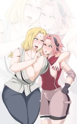 Rule 34 | 2girls, absurdres, age difference, alternate breast size, alternate hairstyle, blonde hair, blush, breast press, breasts, brown hair, cleavage, comic, comicom-ryu, curvy, green eyes, hand on another&#039;s shoulder, haruno sakura, highres, huge breasts, medium breasts, multiple girls, naruto (series), naruto shippuuden, older woman and younger girl, pink hair, short hair, spanish text, teacher and student, tongue, tongue out, tsunade (naruto), wide hips, yuri