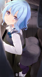 Rule 34 | 1boy, 1other, 2girls, :|, against glass, against window, ahoge, ass, black footwear, black skirt, black vest, blue hair, blush, breasts, bulge, bulge to ass, closed mouth, collared shirt, commentary request, dress, full body, furrowed brow, hair between eyes, highres, impossible clothes, impossible skirt, komone ushio, light blue hair, long sleeves, looking at another, looking back, luna (komone ushio), mary janes, multiple girls, neck ribbon, nervous, original, pantyhose, pinafore dress, pleated skirt, pom pom (clothes), purple eyes, purple pantyhose, ribbon, shirt, shoes, short hair, skirt, sleeveless, sleeveless dress, small breasts, socks, solo focus, train interior, uniform, vest, white ribbon, white shirt, white socks