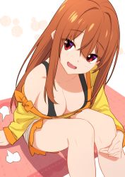 Rule 34 | 1girl, :d, absurdres, baffu, bare shoulders, breasts, brown hair, cleavage, freaks romanticism, from above, hand on own knee, head tilt, highres, hugging own legs, kanoe shizumi, large breasts, long hair, looking at viewer, looking up, off-shoulder, off-shoulder sweater, off shoulder, open mouth, patting, red eyes, sidelocks, simple background, sitting, smile, solo, sweater, tank top