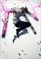 Rule 34 | 1boy, artist name, black footwear, black pants, blood, chainsaw, chainsaw man, collared shirt, commentary request, denji (chainsaw man), full body, k-suwabe, male focus, monster boy, necktie, pants, sharp teeth, shirt, sleeves rolled up, solo, teeth, white shirt