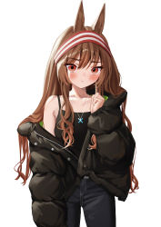 Rule 34 | 1girl, absurdres, alternate costume, alternate hairstyle, angelina (arknights), animal ears, arknights, black camisole, black coat, blue pants, blush, breasts, brown hair, camisole, casual, closed mouth, coat, collarbone, commentary, cowboy shot, denim, fox ears, hair between eyes, hair down, hairband, highres, jeans, jewelry, long hair, looking at viewer, necklace, off shoulder, open clothes, open coat, pants, partially unzipped, red eyes, reesen, sidelocks, simple background, small breasts, solo, white background